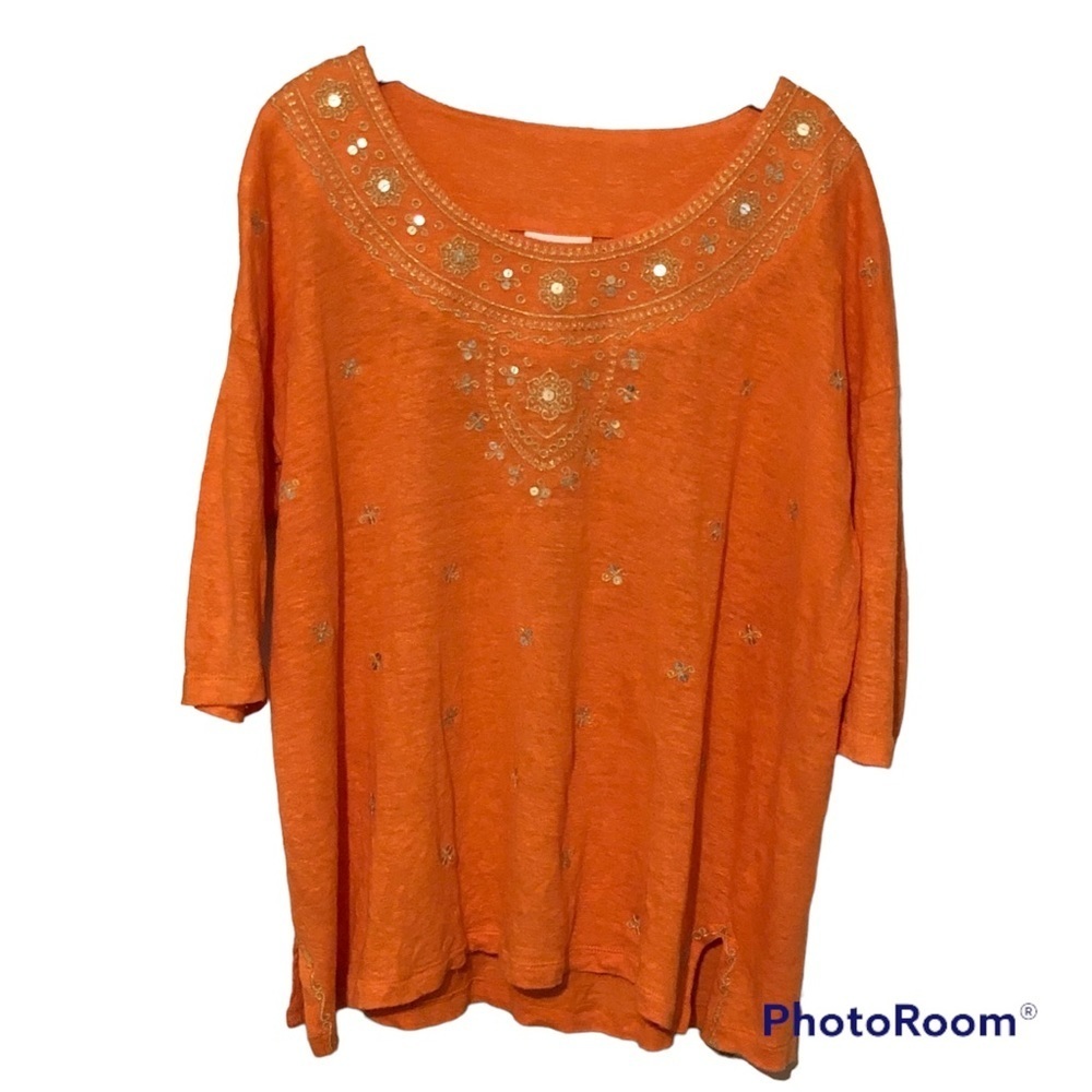 J. Jill Love Linen Orange Embellished Sequin Top Womens XS